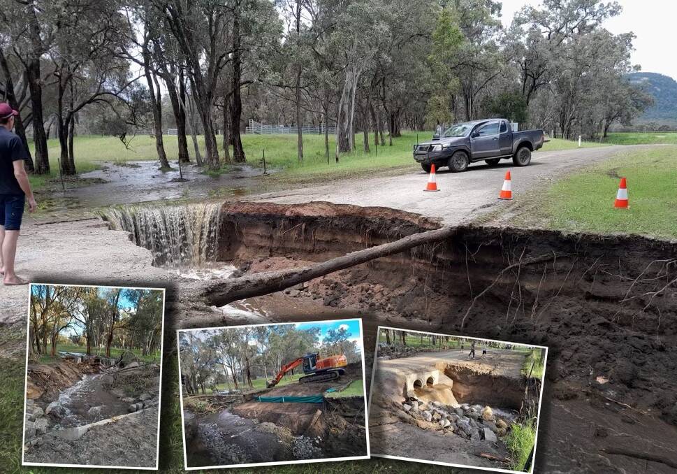 Tamworth Regional Council crews patched up Langens Lane earlier this month after a flooding event only to see it crumble away again on Monday. Pictures by Paula Pengilley 