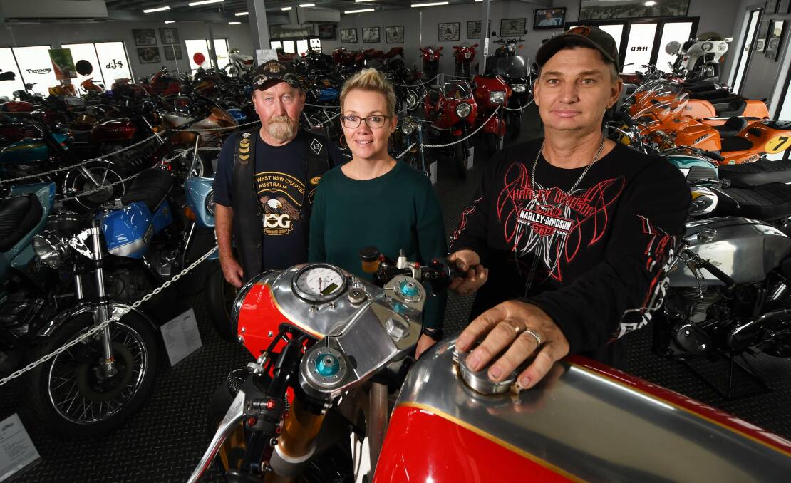 THUNDER: Tamworth Chapter of the Harley Owners Group members Wayne Newton and Mick Johnson with council's events coordinator Michaela Stevens. Photo: Gareth Gardner
