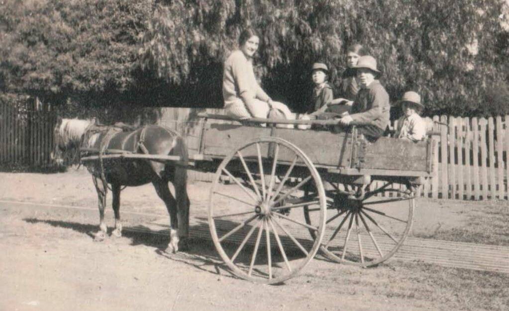 Teachers and pupils arriving at school, March 1934 in a spring cart. Charles Moore, Miss Jess Cooksley, John Moore, Miss Mary Bidwell and Taffy the horse. Picture supplied
