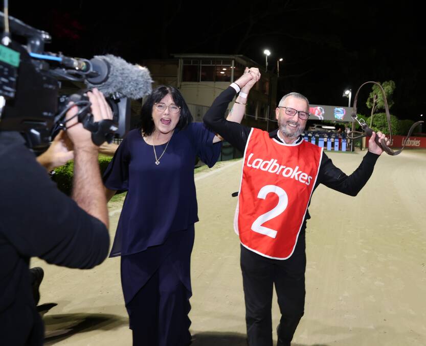 Selena and Mick Zammit after their star Jay Is Jay won the 2023 Ladbrokes Million Dollar Chase. Qualification races for the 2024 series begin August 26. Picture: Lachlan Naidu.