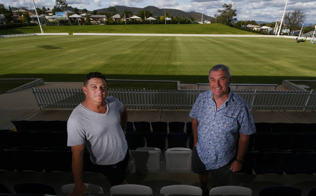 HEADQUARTERS: The Pub Group manager Craig Power and Wests Entertainment Group chief executive Rod Laing at Scully Park. Photo: Gareth Gardner 290420GGB05