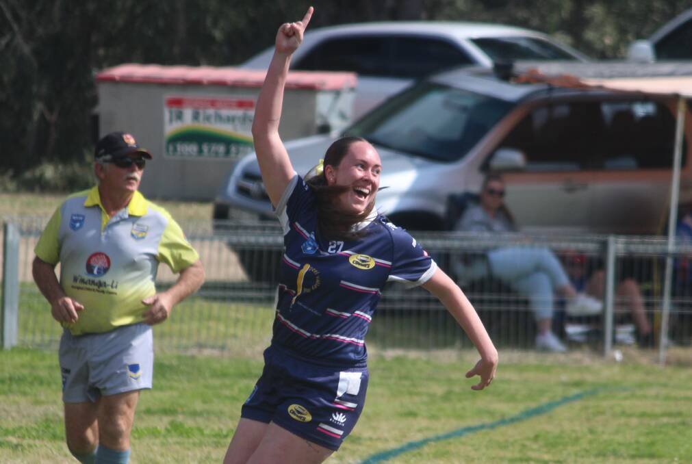 Paris Knox celebrates Dungowan's first try in the minor semi-final against Gunnedah. Picture by Zac Lowe.