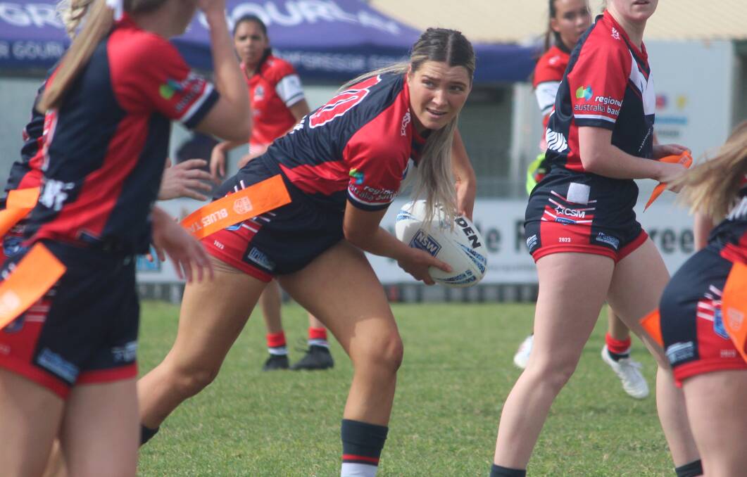 Rebekah Hartmann leads the Roosters women to a come-from-behind victory against North Tamworth in the major semi-final. Picture by Zac Lowe.