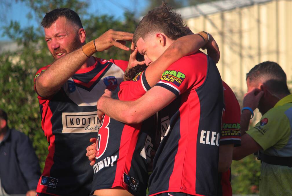 The Roosters celebrate one of Jack Rumsby's three tries during the semi-final on Sunday. Picture by Zac Lowe.