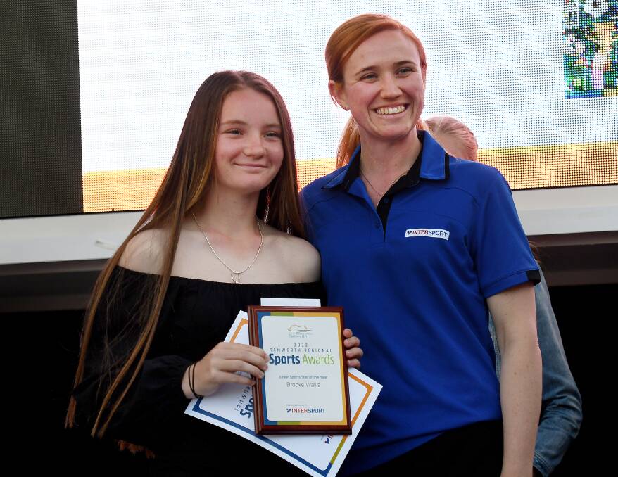 Brooke Wallis (left) receives her Young Athlete of the Year award from Emily Tudman at the Tamworth Regional Council Sports Awards presentation night. Picture by Gareth Gardner.