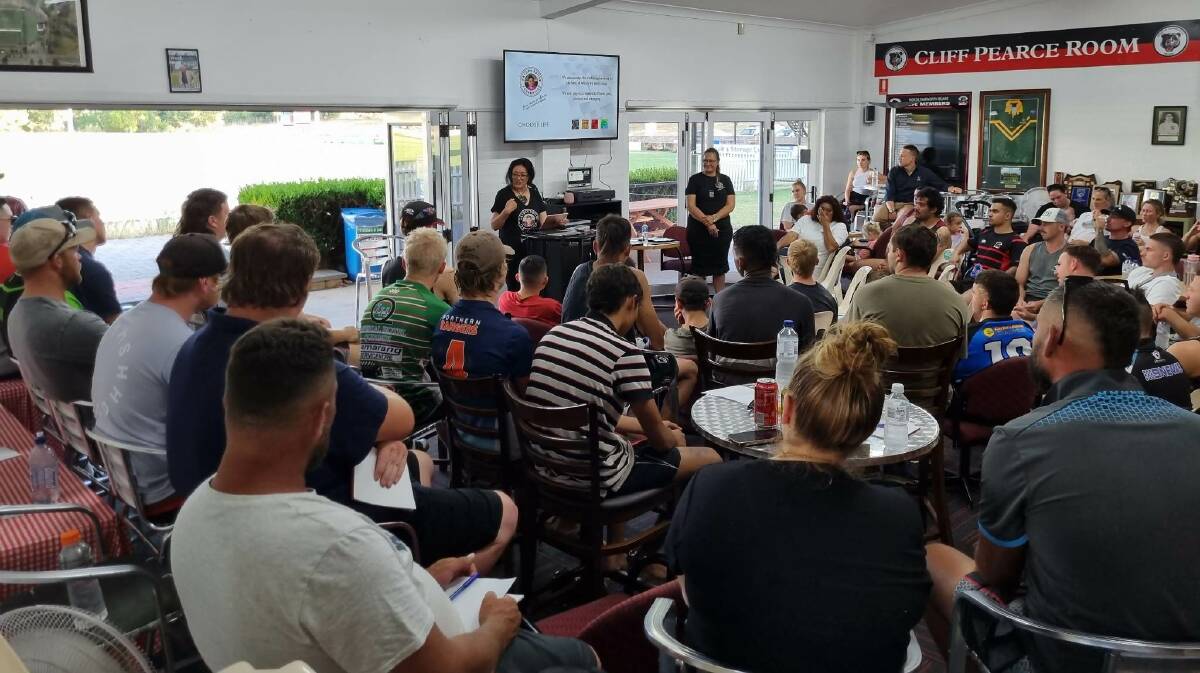 Roberta Butler speaks to gathered North Tamworth Bears players in the club's first mental health awareness workshop. Picture by Zac Lowe.