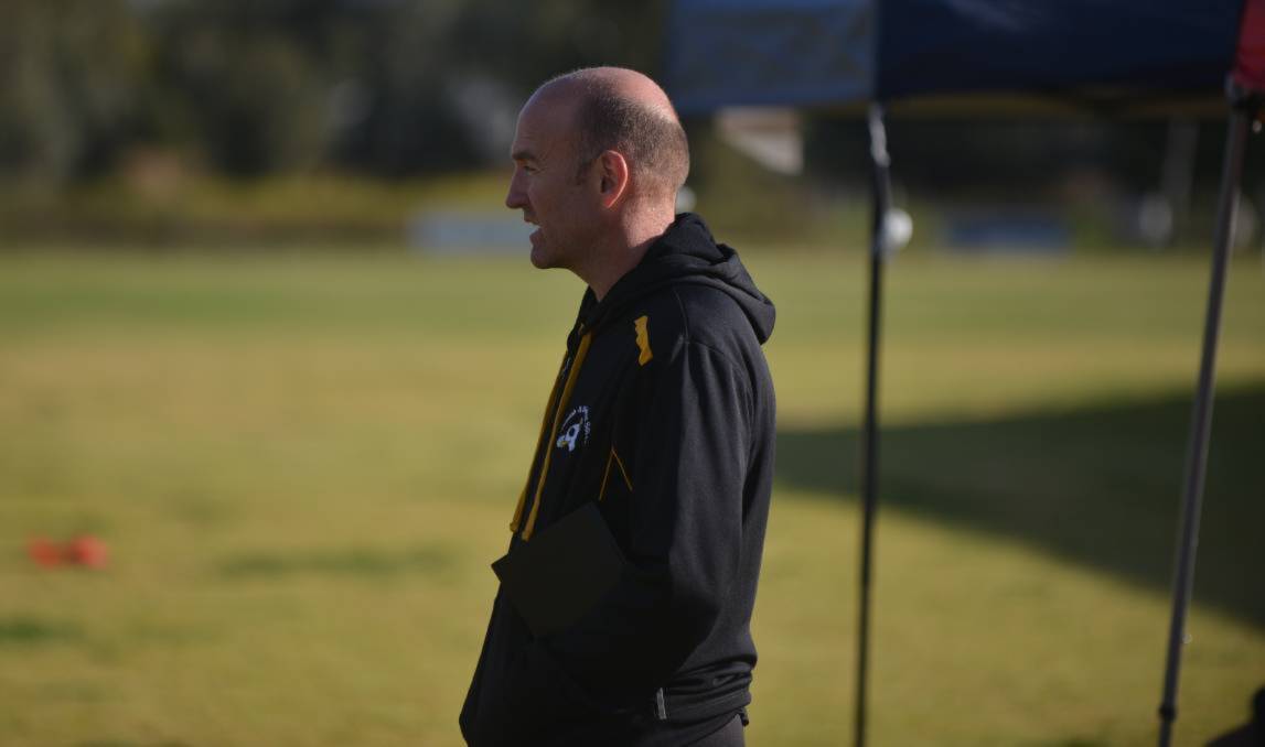 Watching keenly: Gunnedah FC coach Andy Cygan played well this weekend, scoring his side's only goal in First Grade, but it was not enough to avoid a loss. Photo: Mark Bode. 