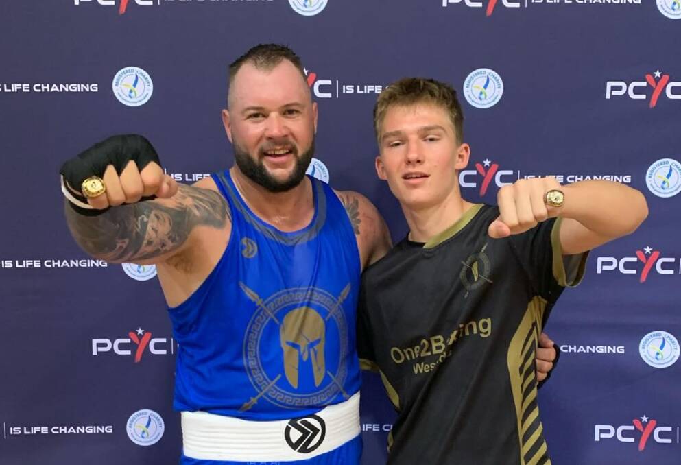 Instead of crowns, Jarrod Denman (left) and Kyan Martin were given rings to commemorate their efforts in Sydney. Picture by One2Boxing Westside. 