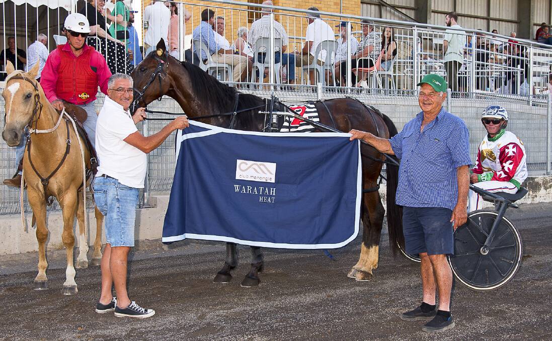 Prodigal Guiness and reinsman Tom Ison along with part owner Mark Portelli (left) and Paul Borg after their win last Tuesday night. Picture by PeterMac Photography. 