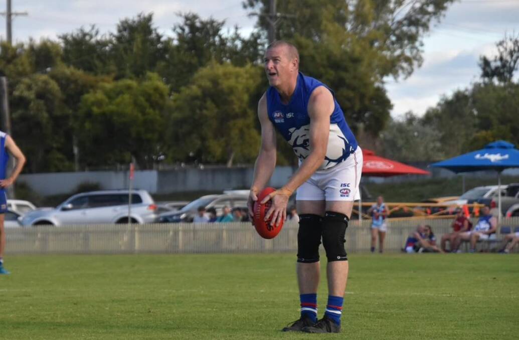 Mark Ewington lines up one of his three goals on Saturday, which included his 400th for the club. Picture by Gunnedah and District Australian Football Club.
