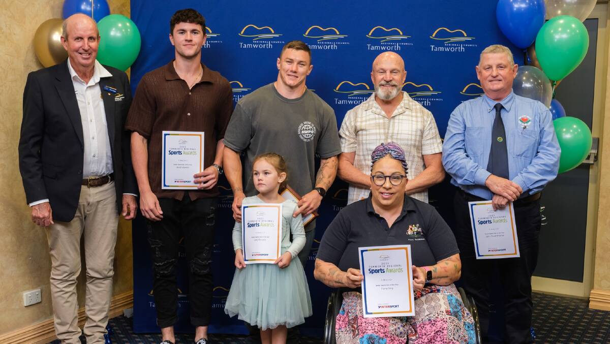 Douglas (centre, grey shirt) won two awards at the Tamworth Regional Council's annual Sports Awards presentation night on Friday. Picture by Tamworth Regional Council. 