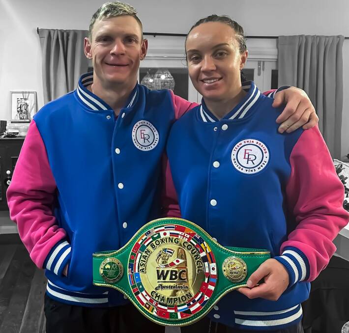 Enja Ryan with her husband and fellow pro, Wade Ryan, shortly after she won her Australasian welterweight title in July. Picture by Team Enja. 