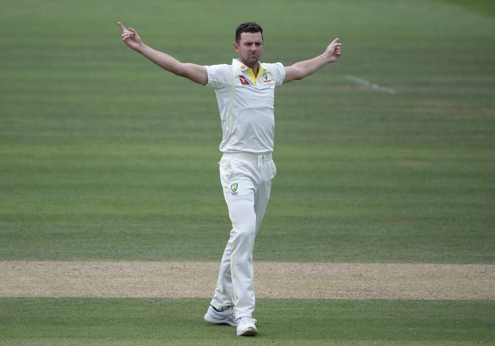 Josh Hazlewood celebrates the crucial wicket of Ben Stokes in the first Ashes Test of this series. Picture by Visionhaus/Getty Images.