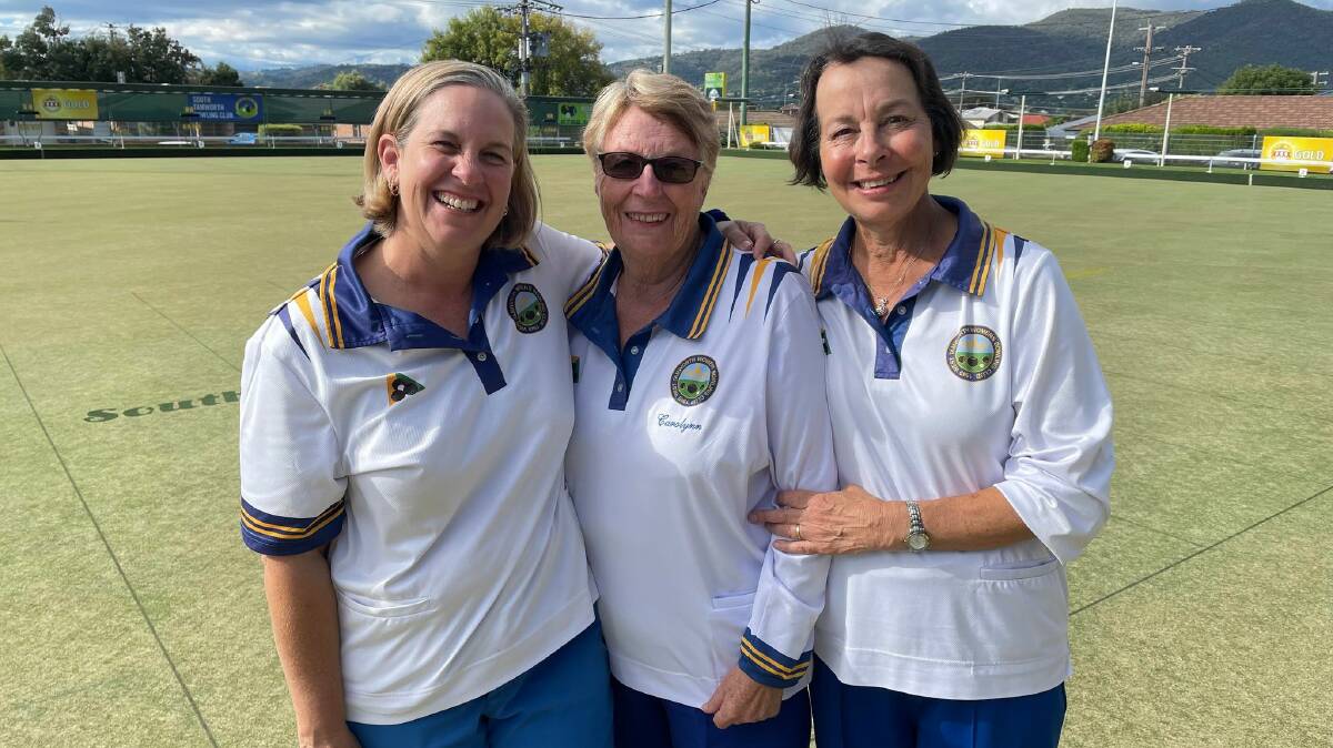 The team: (from left) Sherilee Stewart, Carolynn Whitten, and Terry-Ann Fergusson were thrilled with their performance on Friday, which booked them a place in the semi-final. Photo: Zac Lowe.