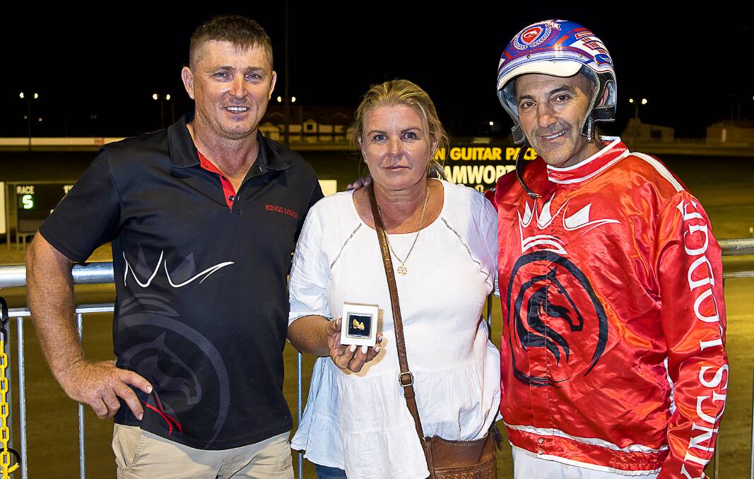 Hy Voltage trainer Graham Dwyer, wife and owner Martine Dwyer, and reinsman Michael Formosa after their win. Picture by PeterMac Photography. 
