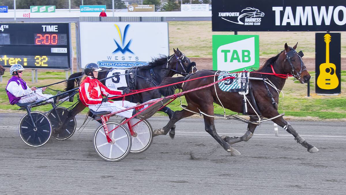 Good win: Driven by Maddison Simon, Uncle Gregory crosses the line to open the winning account for the local drivers. Photo: PeterMac Photography. 