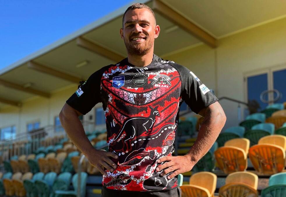 Lynken Dickson is a big fan of the Sean Kinchela-designed jersey to be worn by all senior North Tamworth players this Saturday, Picture by Zac Lowe.