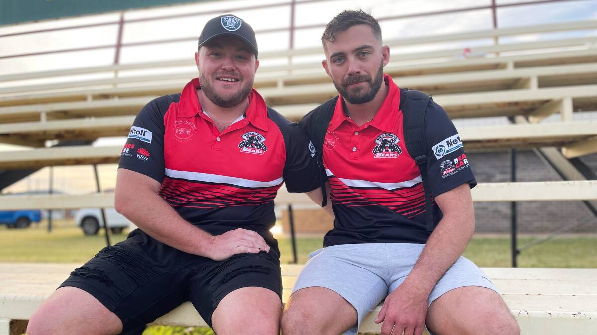 Ben Jarvis (left) and Mitchell Sheridan were exhausted but thrilled after the Bears' narrow win over Gunnedah today. Picture by Zac Lowe. 