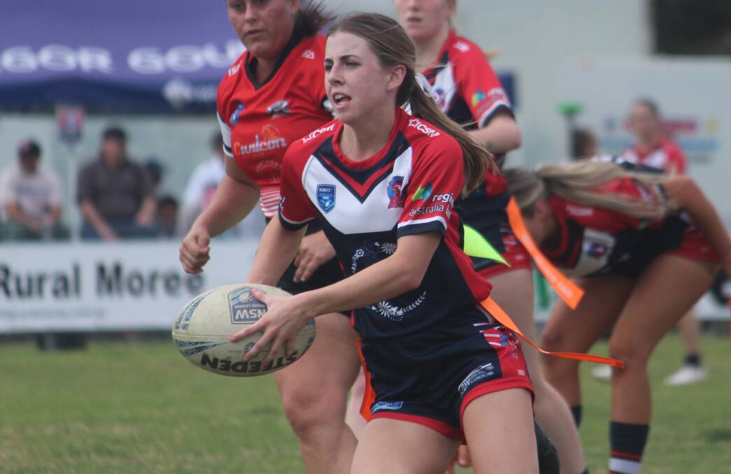 Corbett on the run during the league tag semi-final against the North Tamworth Bears, where she played an instrumental role in the Roosters' victory. Picture by Zac Lowe.