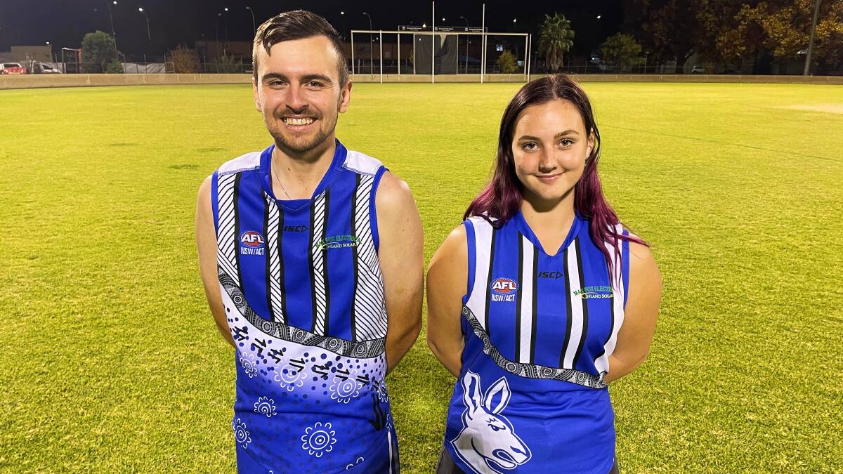 Tamworth Kangaroos players Brayden Bloomfield and Hayley Beck show off both sides of the club's new jerseys. Picture by Zac Lowe.