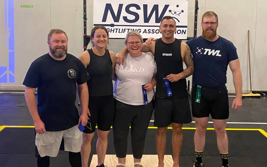The Snake Athletic team on Saturday at the NSW Weightlifting open event, from left, Mitch Thompson, Kristy Whiting, Roni Pearson, Jordan Jeffries, and Matt Park. Picture supplied. 