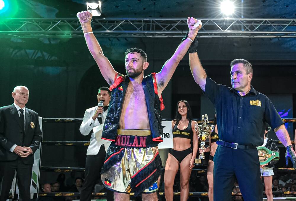 Albert Nolan celebrates the first title victory of his professional career against Pom Thanawut Phetkum in April. Picture by W.L Fight Photography.