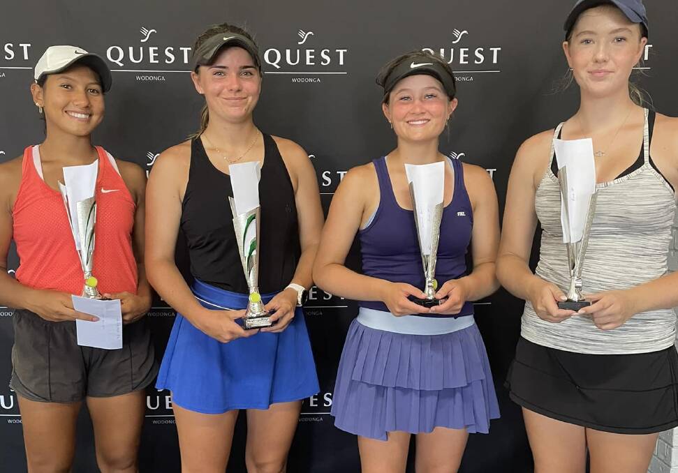 Powell (second from right) recently won the Victorian Junior Grasscourt Championships open women's singles and mixed doubles, and was runner-up in the women's doubles. Picture by Wodonga Tennis Centre Facebook