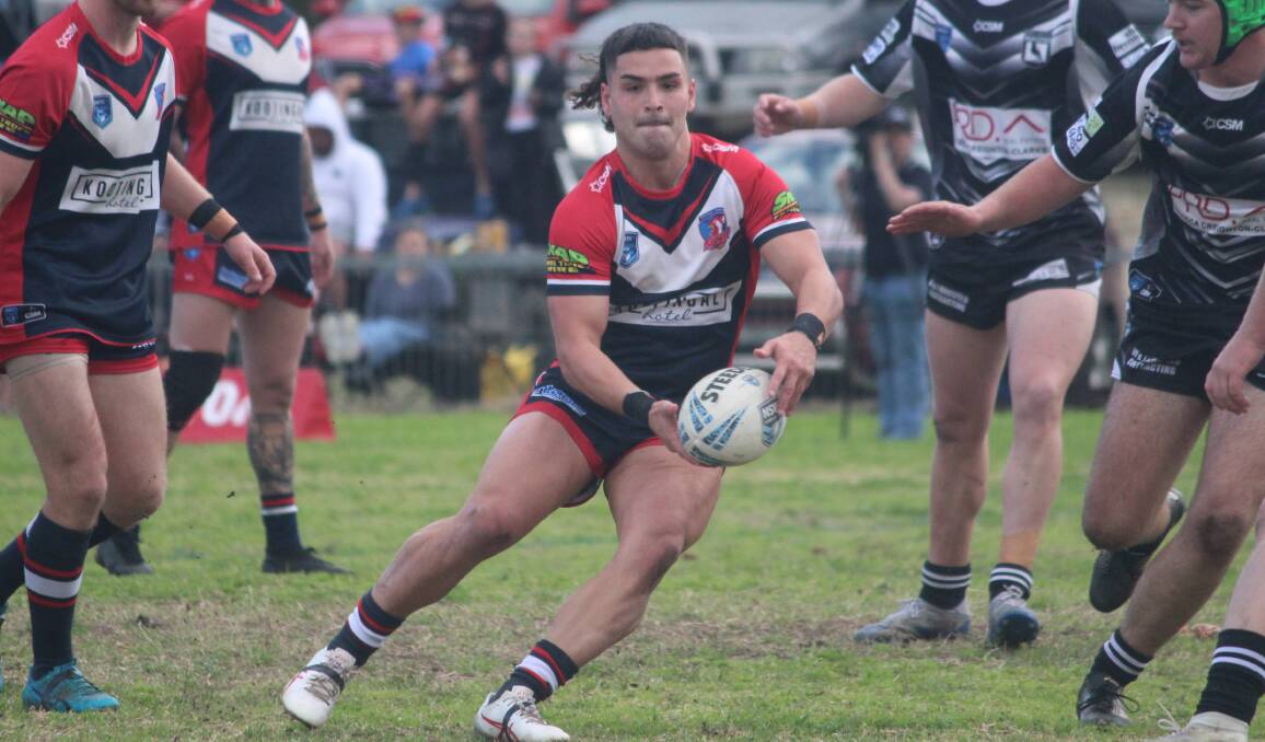 Glew offloads the ball during the Roosters' semi-final against the Werris Creek Magpies this year. Picture by Zac Lowe.