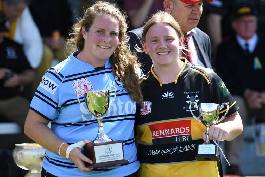 Maslen (right) with the Lou Wilson and Ali Faulkner Cup and best and fairest for the season Peta Cox. Picture by Sarah Stewart