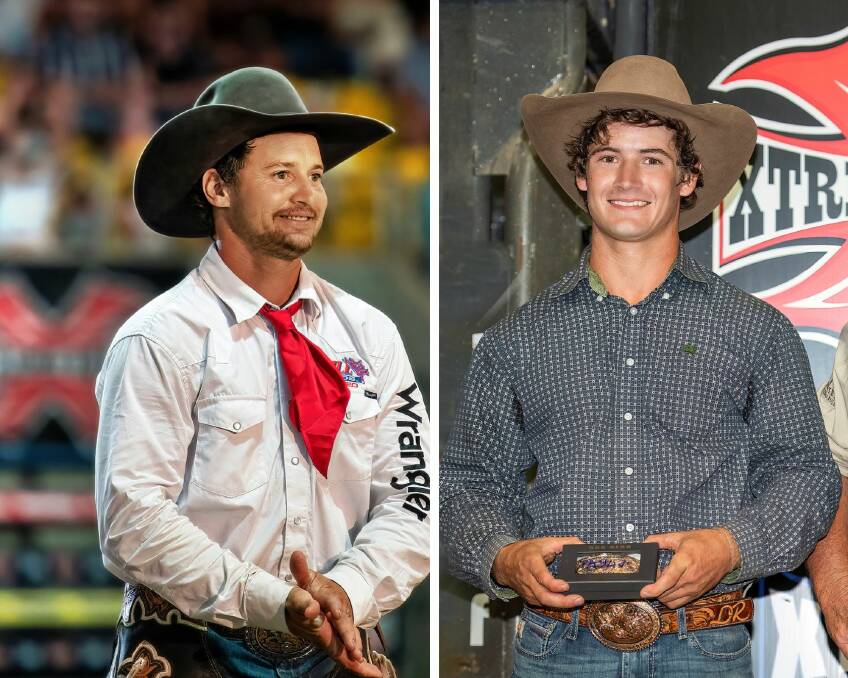 Greg Hamilton (left) and Donovan Rutherfurd (right) were crowned 2022 Extreme Broncs and Bulls tour champions in Tamworth on Saturday night. Pictures Bootface Photography