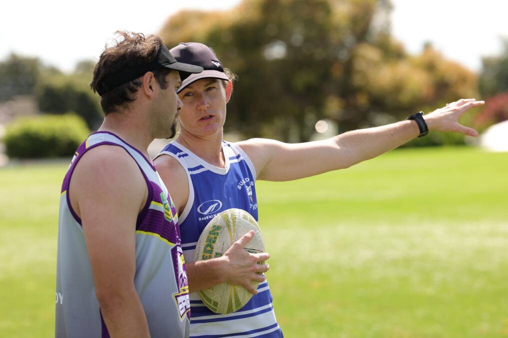 Tamworth Titans coaches Steph Halpin and Jermain Walford discuss tactics during their last training run ahead of this weekend's Country Championships. Picture by Danny Dalton.