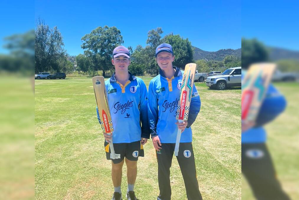 Archie McMaster and Sam Davis are all smiles after their record breaking partnership for the Tamworth Gold on Sunday. Picture Tamworth Junior Cricket Facebook