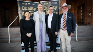 She's My Travel Agent's Lou Brock, Tamworth Business Chamber board member Katherine Sherrie and president Matthew Sweeney, and Tamworth mayor Russell Webb at last month's launch for the 2024 Tamworth Quality Business Awards. Nominations close on July 19. Picture by Peter Hardin