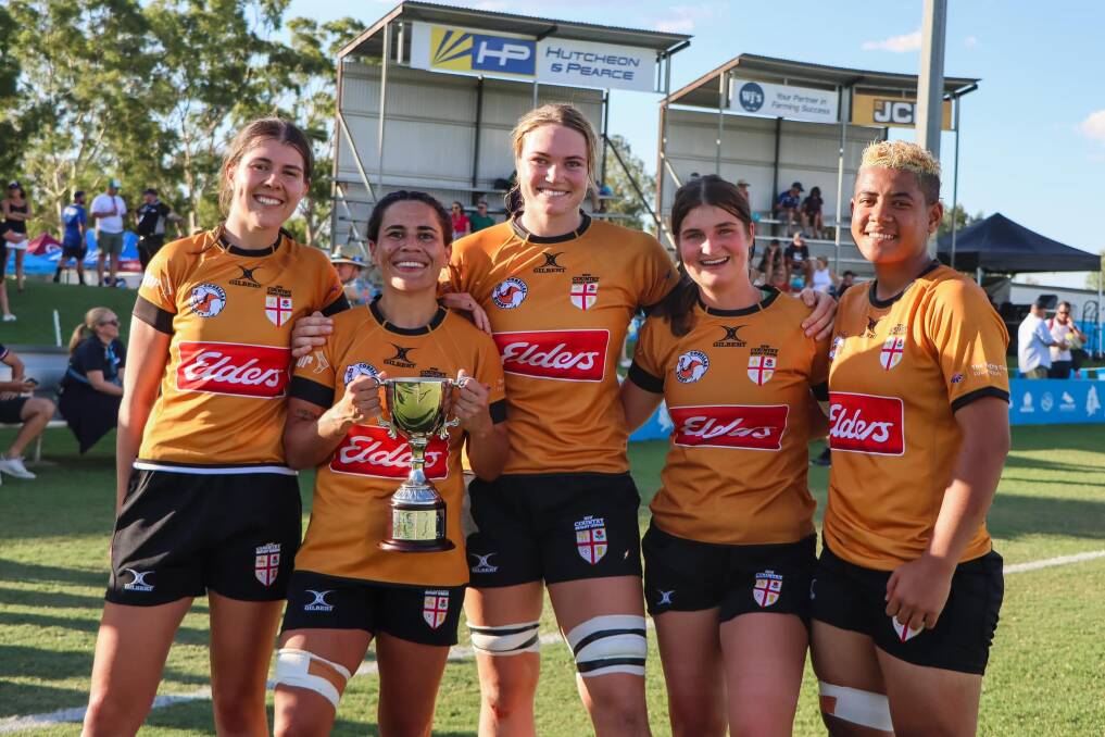 New England's (L-R) Clare Harpley, Skye Gordon-Briggs, Tahlia Morgan, Charlotte Goldman and Lekah Mohena helped the NSW Country women to a 21-5 win over Queensland at Narrabri on Friday. Picture Catherine Stephen