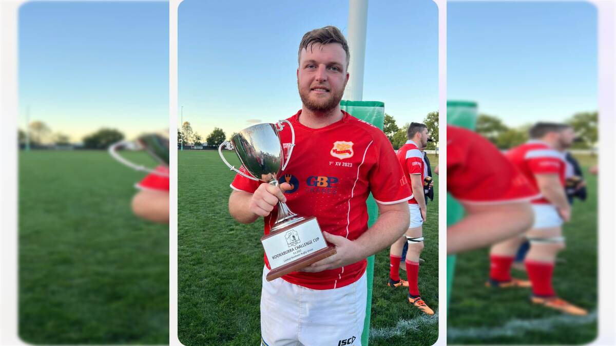 Gunnedah captain Will Burke with the Kookaburra Challenge Cup, which they secured for the 2023 season with their thrilling final round win over Narrabri. Picture Central North Rugby Union Facebook