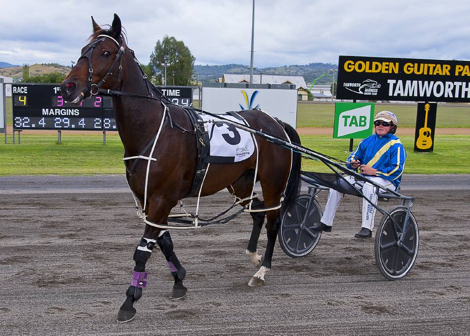 Winning return: Diesel Don returns to scale after winning the Old Boys Day Pace with reinsman Brad Elder. Photo: PeterMac Photography
