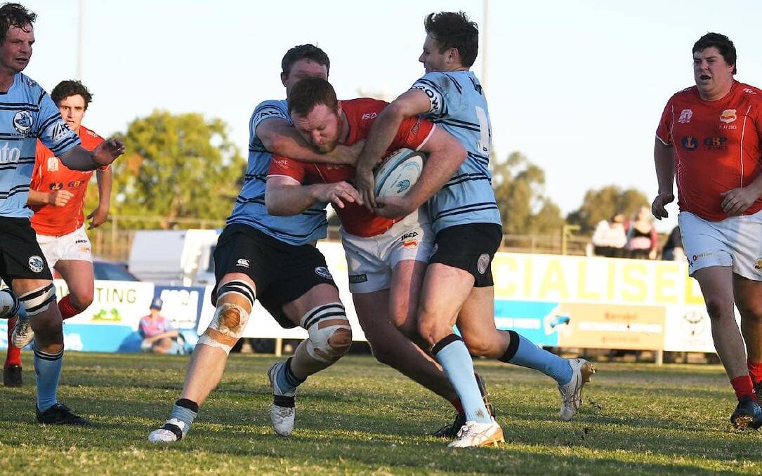 Gunnedah backrower Nick Lyons takes on the Narrabri defence during their big win on Saturday. Picture Sarah Stewart