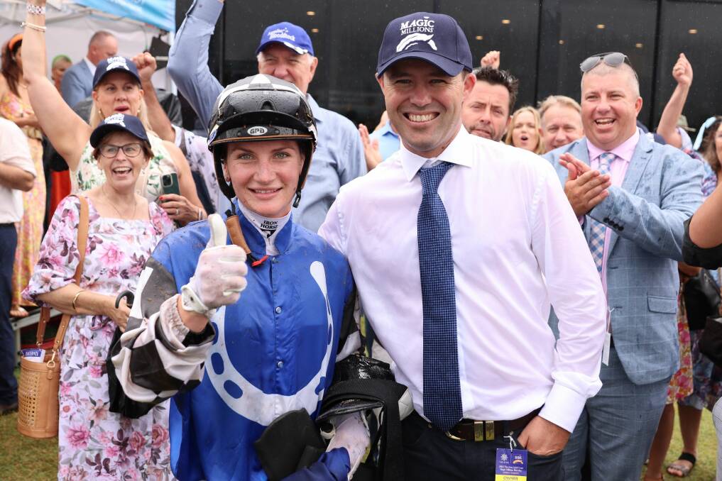 A beaming Cody Morgan celebrates with jockey Jamie Kah after Ezekeil's win in Saturday's Magic Millions Country Cup. Picture Darren Winningham HRO 