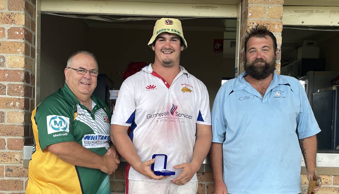 Nick Millar was for his contribution to Mornington's drought-breaking grand final triumph awarded the player of the grand final honours. He's pictured with association secretary Dave Callaghan (left) and president Sam Doubleday (right).