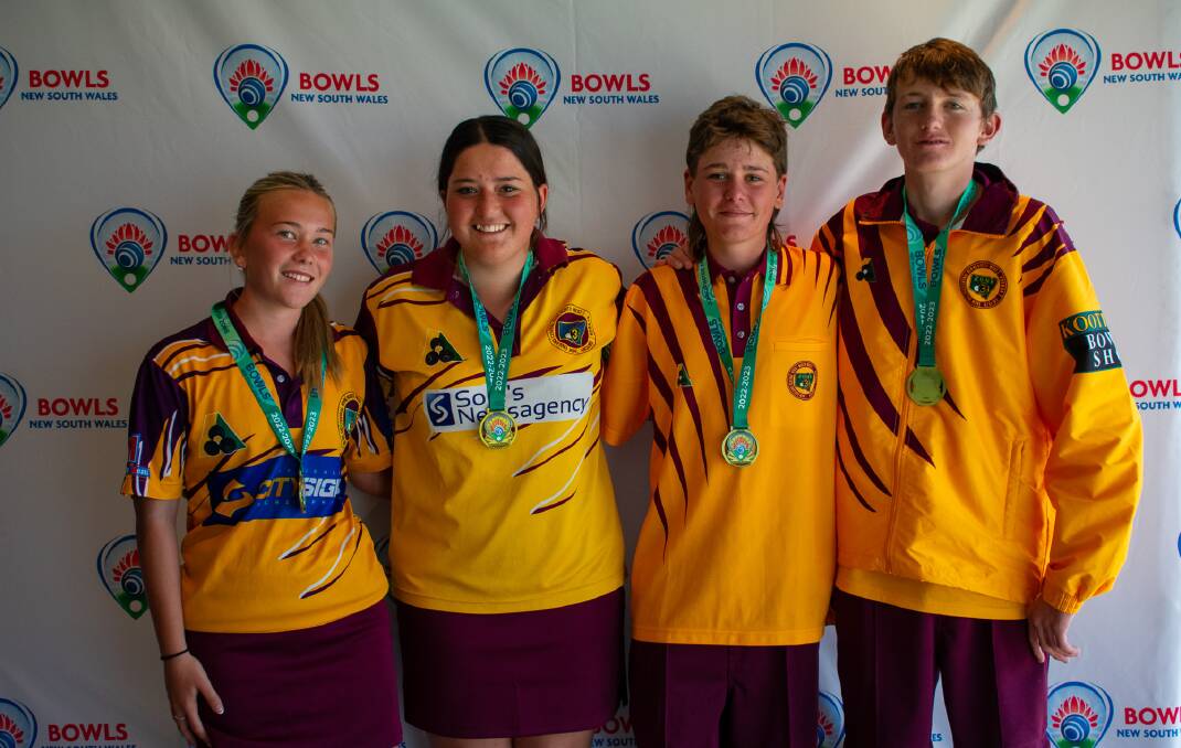 Ella Cameron (second from left) and Tim Thorning (right), pictured here with their gold medals and triumphant Zone 3 fours team-mates Tarnee Ingram and Kyne Allen, are off to Western Australia in October for the junior nationals.