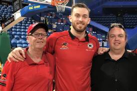 John Ireland (right), here pictured with Nick Kay (centre) and Kay's grandfather Phil Maher, will be courtside in Lille when the Boomers open their Olympic campaign on Saturday night. 
