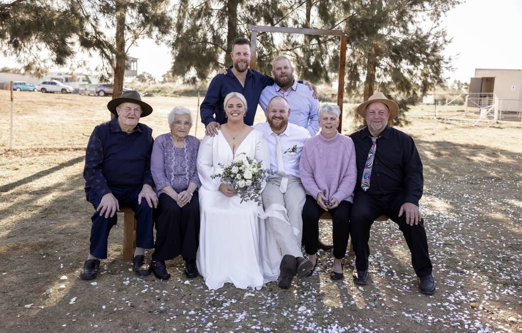 The Slade family at Petria Slade's wedding at Oakburn Park last year (front L-R) Lois and Wally Slade, Petria and new husband Jack Webster, her parents Paul and Jo Slade, and (back L-R) brothers Michael and Luke Slade. Picture Supplied.