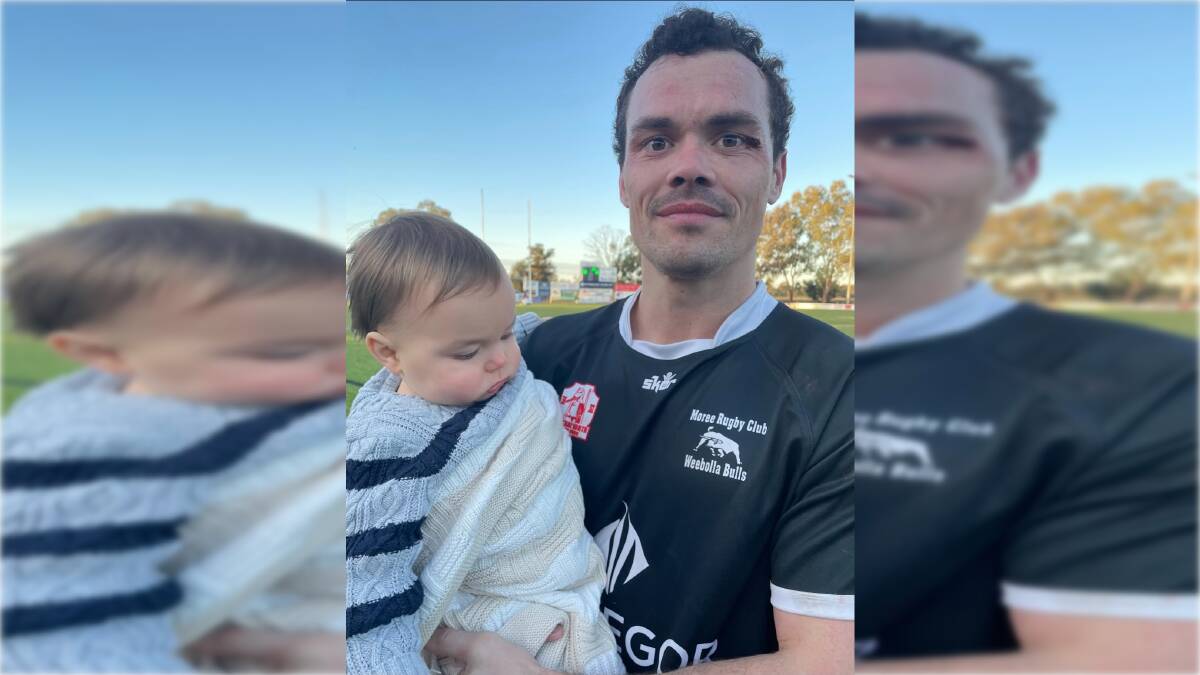 Potential future Bull? Mitch Copeman with son Louie, two, after their elimination final win over Narrabri. Picture Supplied