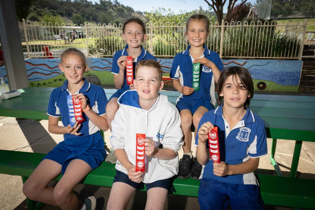 Dungowan Public School's Back: Summer Miles and Anna Cwach; Front: Erica Gidley-Baird, Kody Bridge and Jack Byrne are excitedly on the countdown to their upcoming trip to Sydney for the State PSSA Athletics Championships. Picture by Peter Hardin