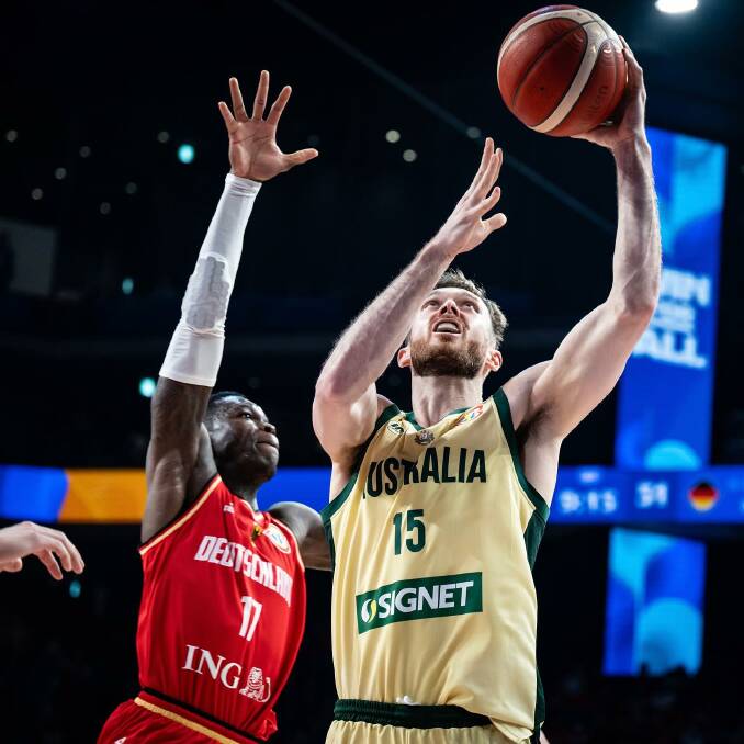 Nick Kay had a team high nine rebounds and seven points as the Boomers wound up their World Cup campaign with a win over Georgia. Picture Basketball Australia