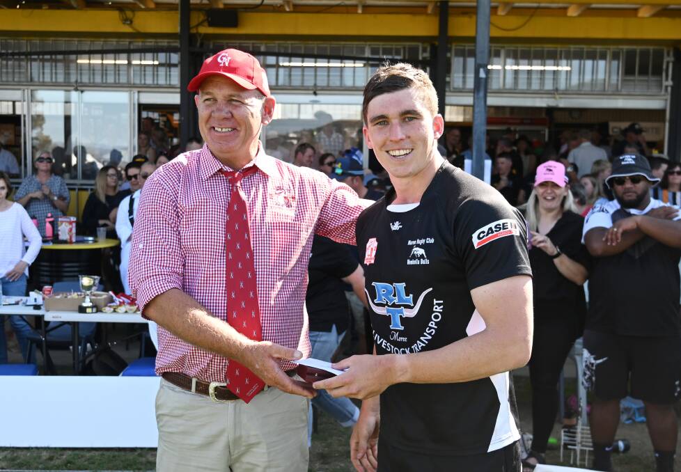 Jono Spain, pictured here receiving his player of the second grade grand final award from Central North president Paul King, was the man with the golden boots for Moree. Picture by Gareth Gardner