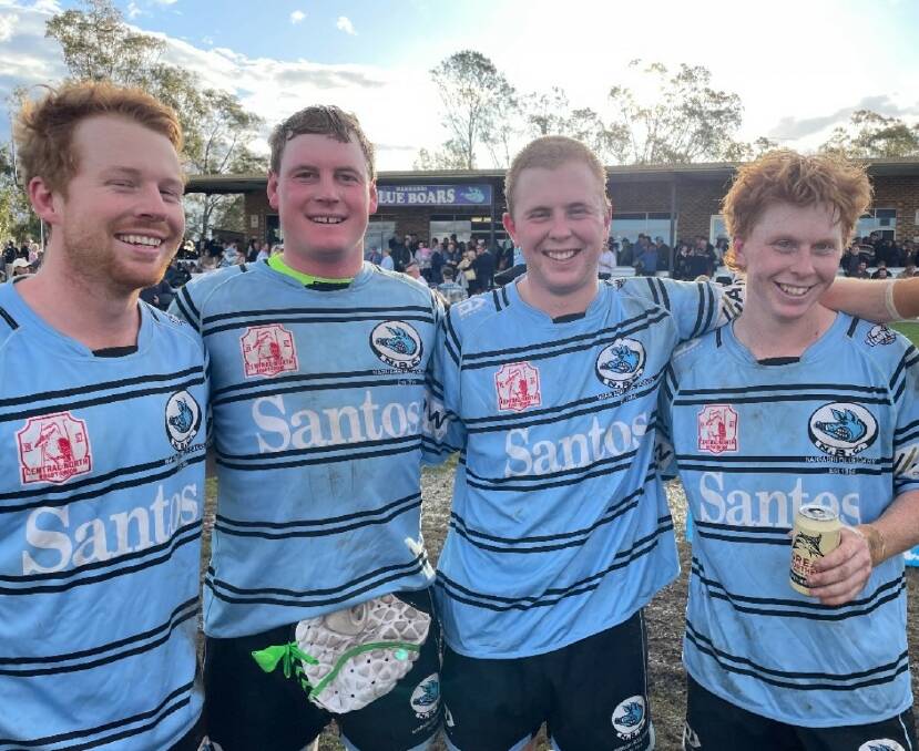 Grumley (second from left) celebrates last Saturday's preliminary final win over Pirates with Blue Boars team-mates Jydon Hill, Hamish Nolan and Thomas Nolan. Picture supplied
