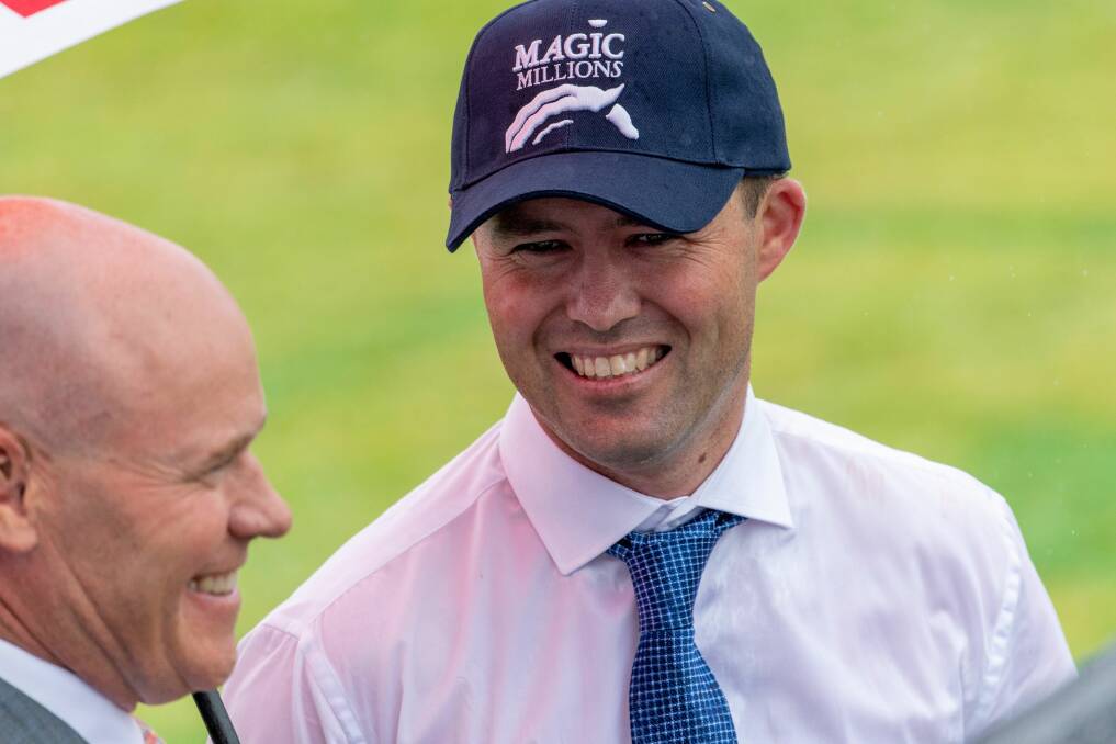 Cody Morgan is all smiles as he chats with Channel 7's Jason Richardson post Ezekeil's win in the Magic Millions Country Cup. Picture Magic Millions