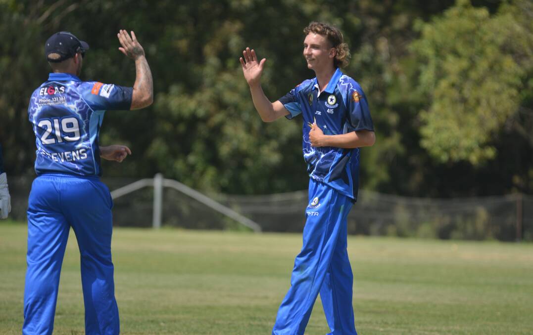 Deserved dues: Dylan Smith celebrates one of his two wickets for Old Boys on Saturday. The quick backed up with 3-17 on Sunday to help bowl Narrabri into the Connolly Cup final. Photo: Mark Bode