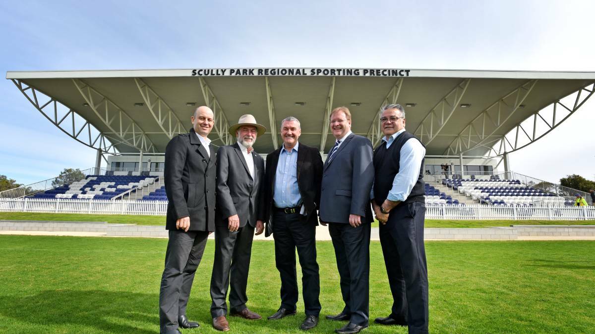 CRL chief executive Terry Quinn (right) with NRL Head of Football Todd Greenberg, acting Tamworth mayor Russell Webb, Wests CEO Rod Laing and NSWRL chief executive Dave Trodden at the announcement that Tamworth would host the 2016 Country v City Origin clash. Picture file photo